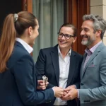 Agent immobilier femme remet des clés à un couple souriant devant une maison