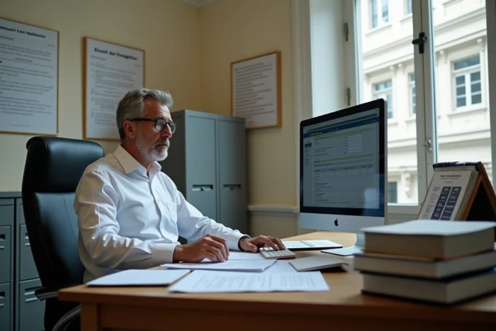 Agent administratif saisissant des données de chiffre d'affaires sur ordinateur dans un bureau Urssaf