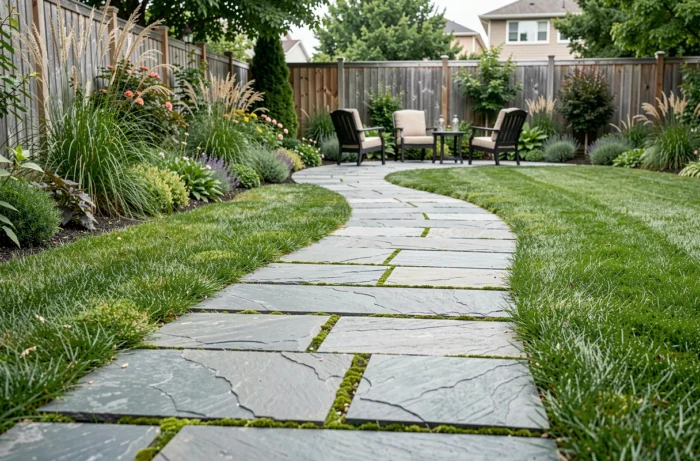 Allée courbe en pas japonais en ardoise naturelle traversant une pelouse verdoyante pour agrandir visuellement le jardin