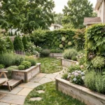 Vue d'ensemble d'un jardin résidentiel aménagé avec terrasse en bois, massifs fleuris, allée courbe et mur végétal