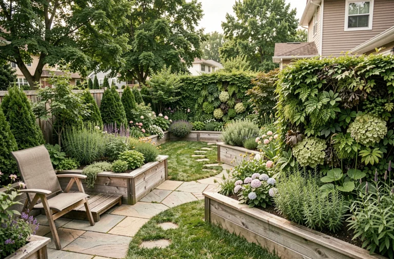 Vue d'ensemble d'un jardin résidentiel aménagé avec terrasse en bois, massifs fleuris, allée courbe et mur végétal