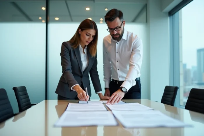 Deux professionnels analysant des documents de certification RNCP dans une salle de réunion d'entreprise