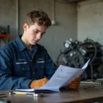 Jeune apprenti seul en atelier mécanique consultant un manuel technique, illustrant les conditions légales de travail en entreprise
