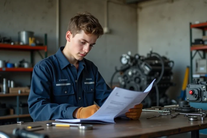 Jeune apprenti seul en atelier mécanique consultant un manuel technique, illustrant les conditions légales de travail en entreprise