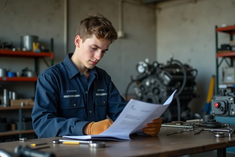 Jeune apprenti seul en atelier mécanique consultant un manuel technique, illustrant les conditions légales de travail en entreprise