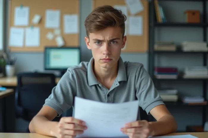 Jeune apprenti seul au bureau lisant des documents administratifs, droits et obligations légales concernant les apprentis en entreprise sans encadrement
