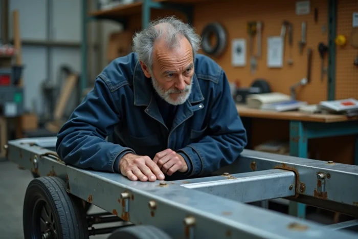 Artisan spécialisé inspectant le châssis en aluminium d'une caravane Rubis démontée dans un atelier de restauration