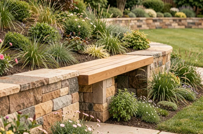 Banc en bois intégré dans un muret en pierre d'un talus de jardin, entouré de graminées et de plantes couvre-sol