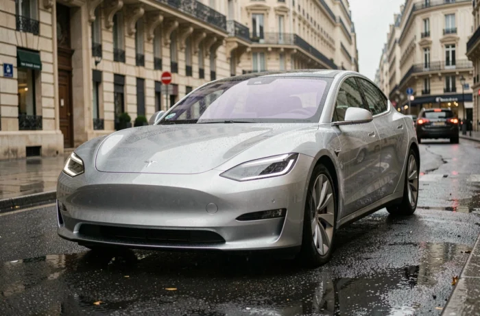Berline électrique 2024 garée sur un boulevard parisien sous la pluie, carrosserie argentée reflétant l'architecture haussmannienne