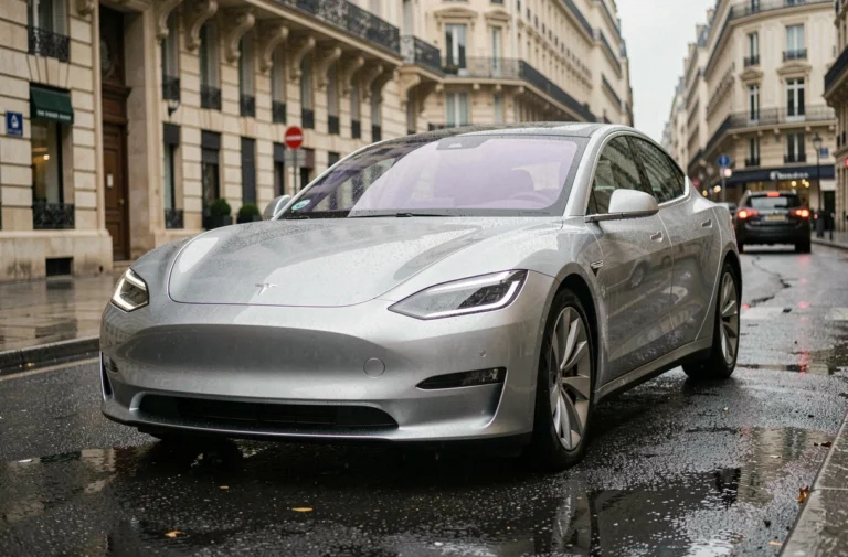 Berline électrique 2024 garée sur un boulevard parisien sous la pluie, carrosserie argentée reflétant l'architecture haussmannienne