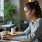 Femme utilisant un ordinateur portable affichant un bug no label sur Arkevia dans un bureau moderne