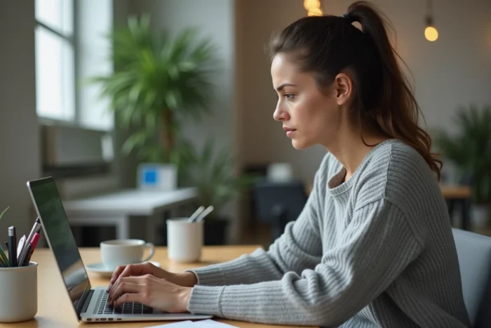 Femme utilisant un ordinateur portable affichant un bug no label sur Arkevia dans un bureau moderne