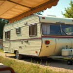 Caravane Rubis vintage des années 70 garée dans la campagne française avec patine authentique sur les panneaux en aluminium