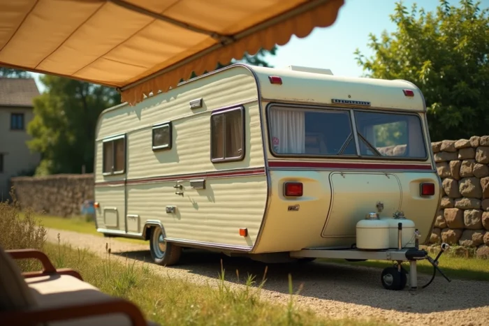 Caravane Rubis vintage des années 70 garée dans la campagne française avec patine authentique sur les panneaux en aluminium
