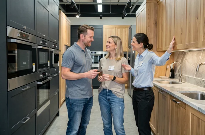 Couple en train de choisir des équipements de cuisine modernes avec un conseiller dans un showroom d'aménagement intérieur