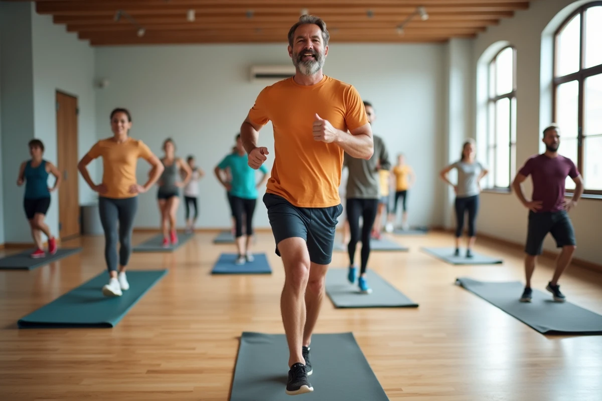 Homme en tenue casual dirigeant un cours de fitness en studio lumineux