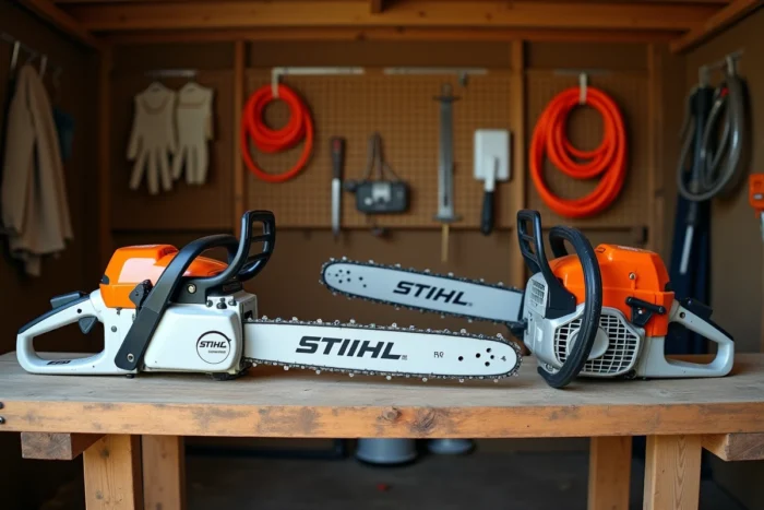 Comparaison côte à côte de deux débroussailleuses Stihl FS sur un établi d'atelier de jardinage