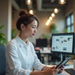 Professionnelle en agence créative travaillant sur la conception d'un site web professionnel avec maquettes sur écran et tablette