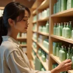 Femme découvrant des produits de soins botaniques dans un magasin de cosmétiques naturels, évoquant la concurrence sur le marché beauté