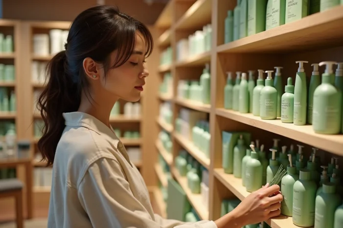 Femme découvrant des produits de soins botaniques dans un magasin de cosmétiques naturels, évoquant la concurrence sur le marché beauté