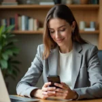 Femme configurant son webmail académique de Montpellier sur un smartphone Android dans un bureau à domicile