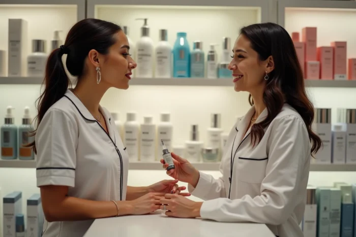 Conseillère beauté présentant des produits de soins à une cliente dans une boutique cosmétique, secteur concurrentiel de la beauté naturelle