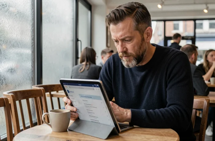 Homme consultant le plan du site d'un journal algérien sur une tablette dans un café urbain