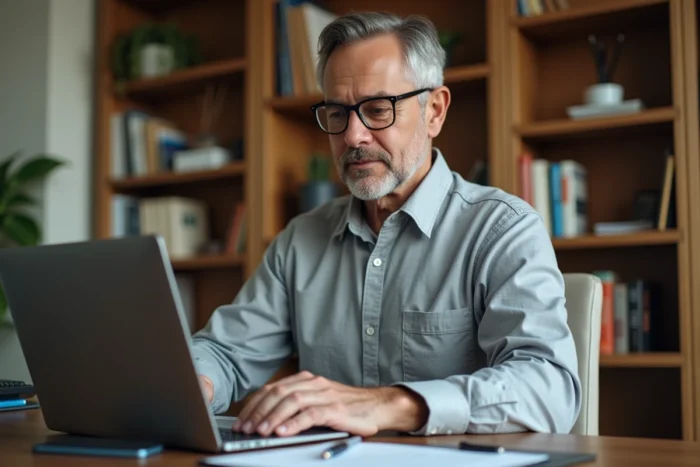 Homme consultant le registre RNCP en ligne pour vérifier un diplôme depuis son bureau à domicile