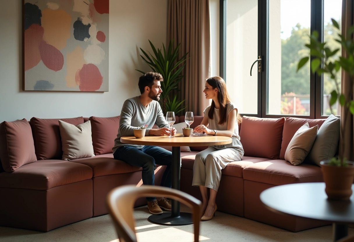 Jeune couple détendu dans un coin repas lumineux