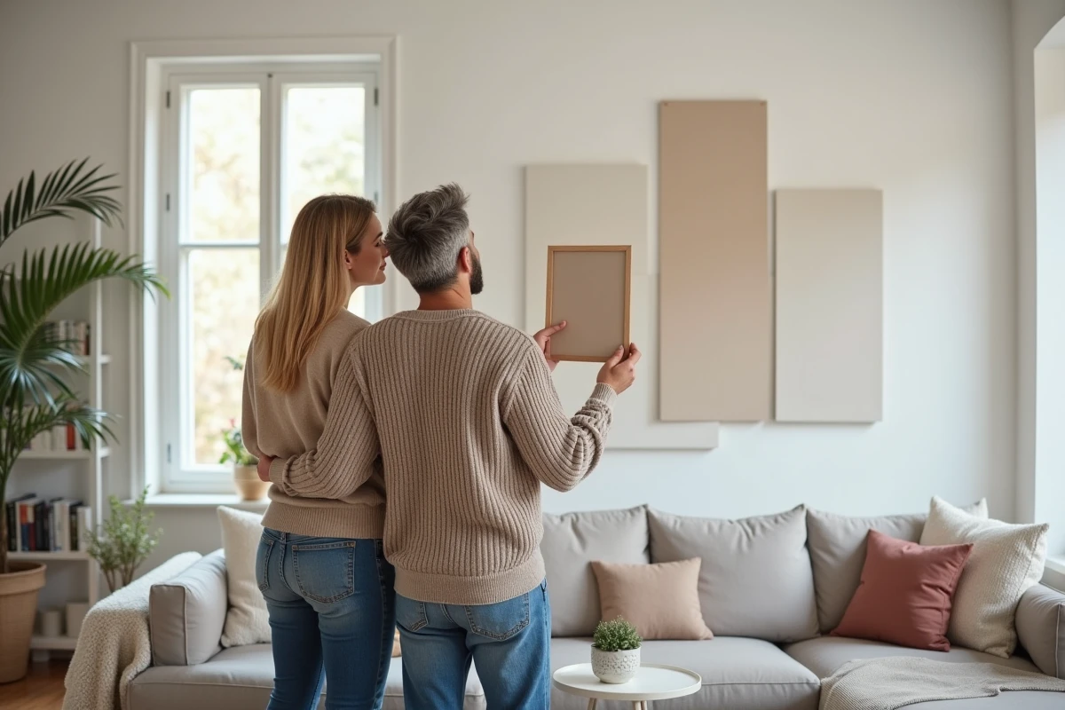 Couple examinant des échantillons de peinture dans un salon lumineux