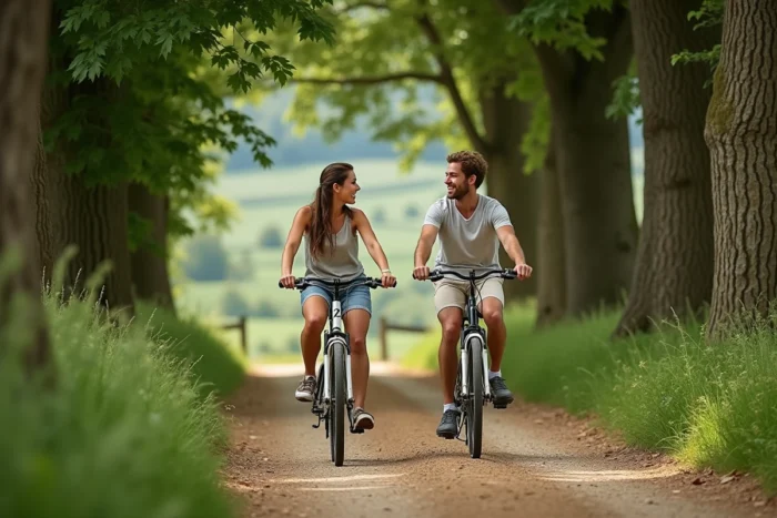 Couple de cyclistes se promenant sur un chemin champêtre bordé de haies dans le bocage du Pays de Retz