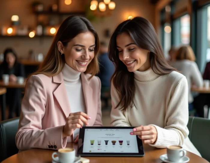Deux femmes découvrant ensemble les offres et abonnements de la plateforme Beauté Chic sur une tablette dans un café parisien