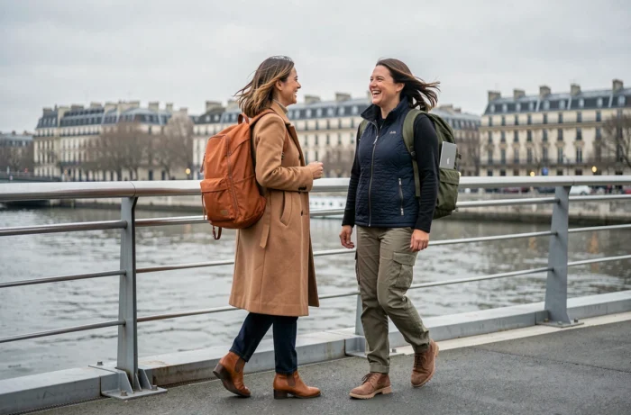 Deux femmes citadines traversant un pont parisien en portant des sacs à dos techniques colorés, riant ensemble