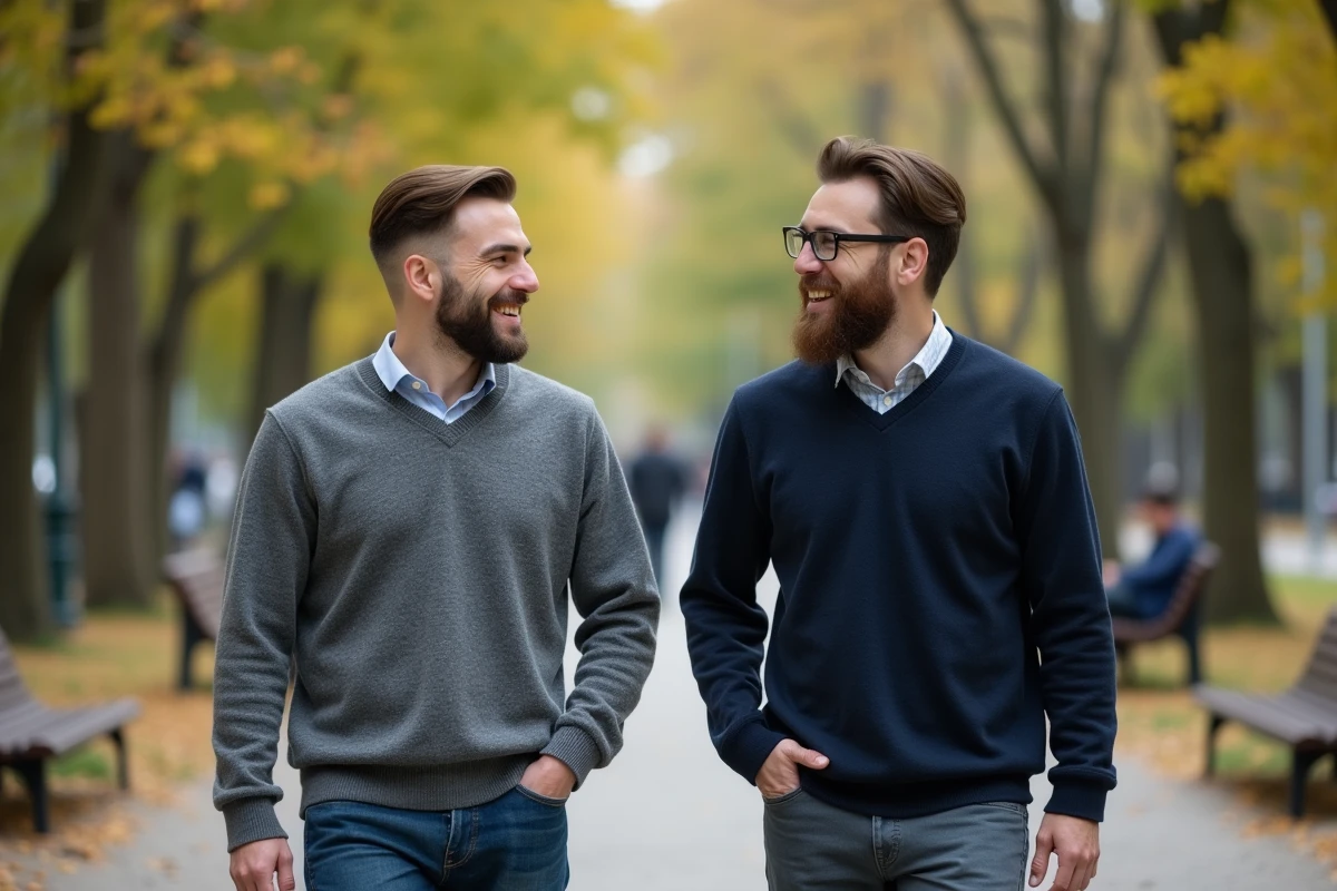 Deux hommes discutant dans un parc urbain