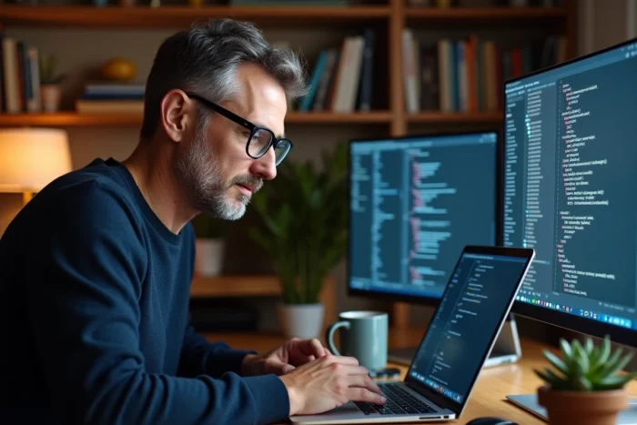 Développeur web à domicile codant un site professionnel performant sur ordinateur portable avec éditeur de code visible