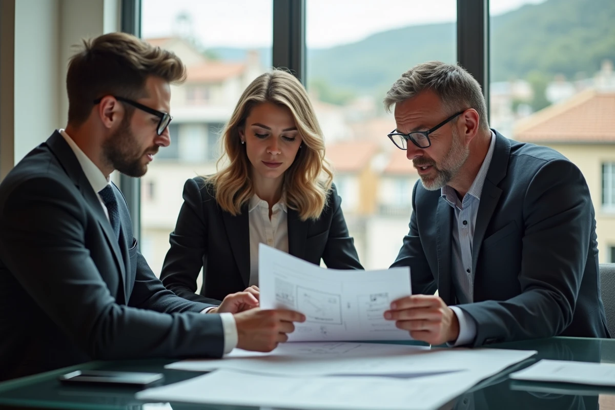 Couple et conseiller immobilier discutent dans un bureau moderne