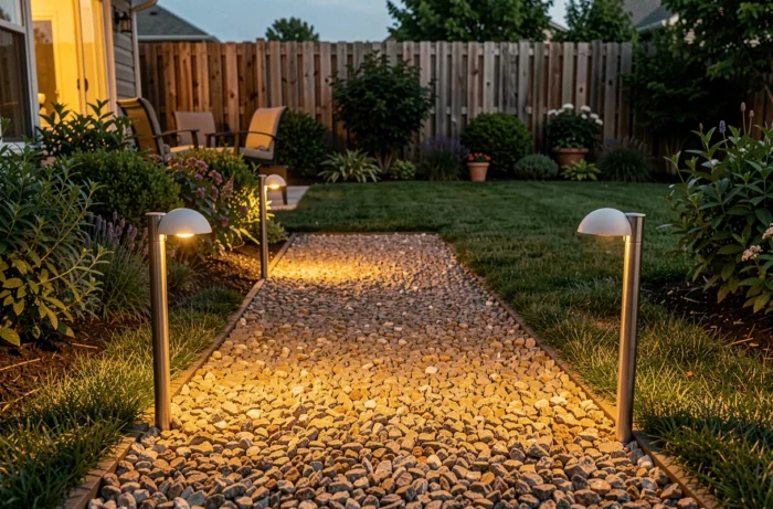 Éclairage extérieur de jardin orienté vers le sol avec des lampes à lumière chaude le long d'une allée au crépuscule