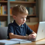 Jeune garçon concentré sur son ordinateur à la maison
