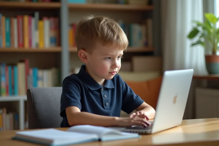 Jeune garçon concentré sur son ordinateur à la maison