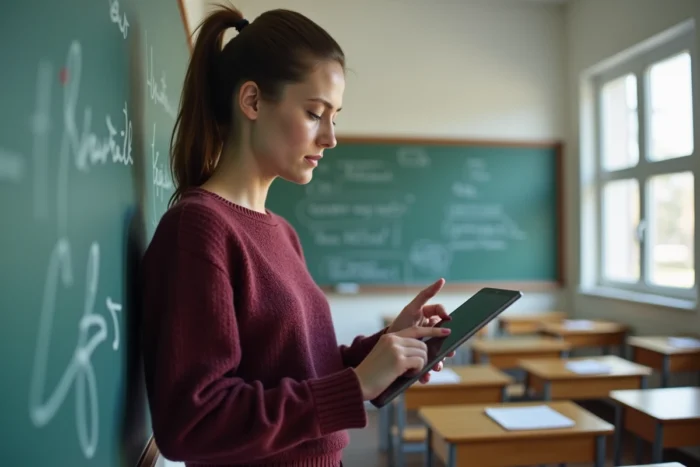 Enseignante accédant au webmail de l'académie de Montpellier sur une tablette dans une salle de classe