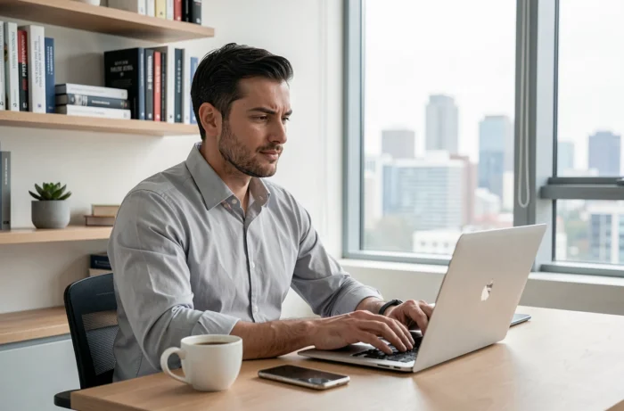 Entrepreneur travaillant depuis un bureau à domicile moderne en utilisant des outils numériques pour optimiser la gestion de son entreprise