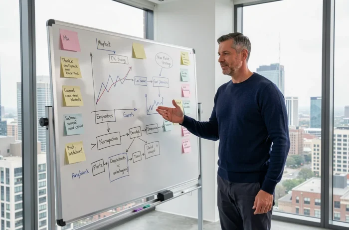 Entrepreneur masculin présentant une stratégie commerciale sur un tableau blanc dans un bureau de startup