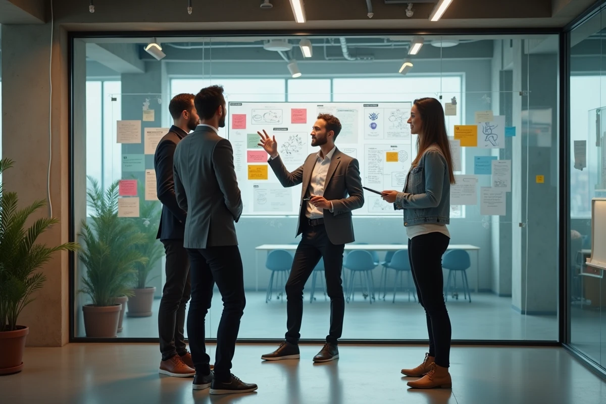 Groupe de professionnels créatifs en réunion dans un espace collaboratif