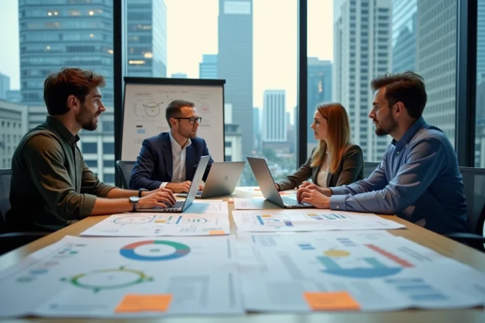Équipe de professionnels planifiant la stratégie et l'architecture d'un site web d'entreprise en salle de réunion