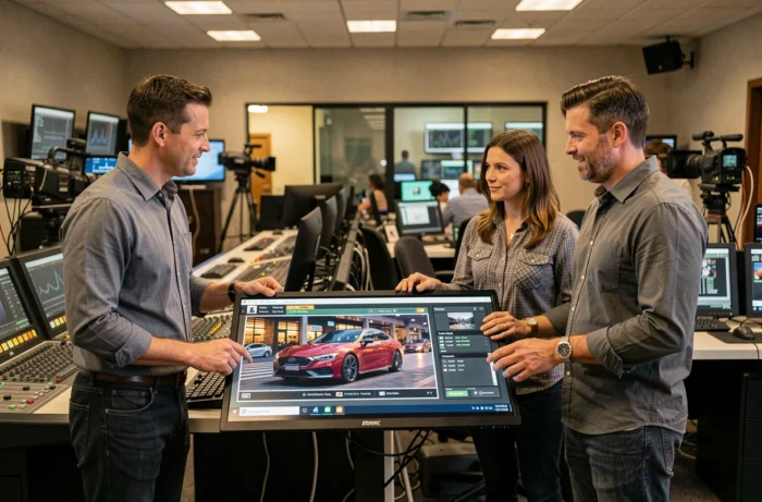 Équipe de production télévisuelle dans une régie discutant des changements de présentation pour l'émission automobile Turbo sur M6