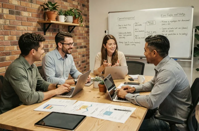 Équipe de professionnels en réunion collaborative autour de documents et d'outils numériques pour améliorer les services de gestion d'entreprise