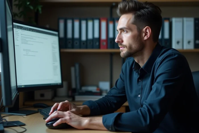 Homme travaillant sur une erreur de label dans un logiciel de gestion documentaire sur double écran