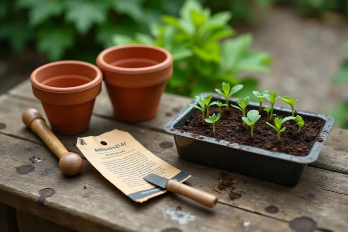 Établi de jardinage en bois avec des pots en terre cuite, une truelle ancienne, un sachet de graines et un plateau de jeunes plants en pleine croissance