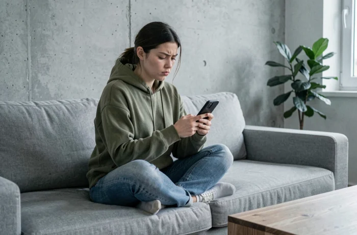 Jeune femme explorant le plan du site d'un quotidien en ligne sur son smartphone depuis son salon