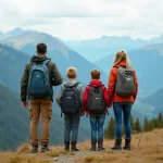 Famille en randonnée au sommet d'une montagne avec vue panoramique